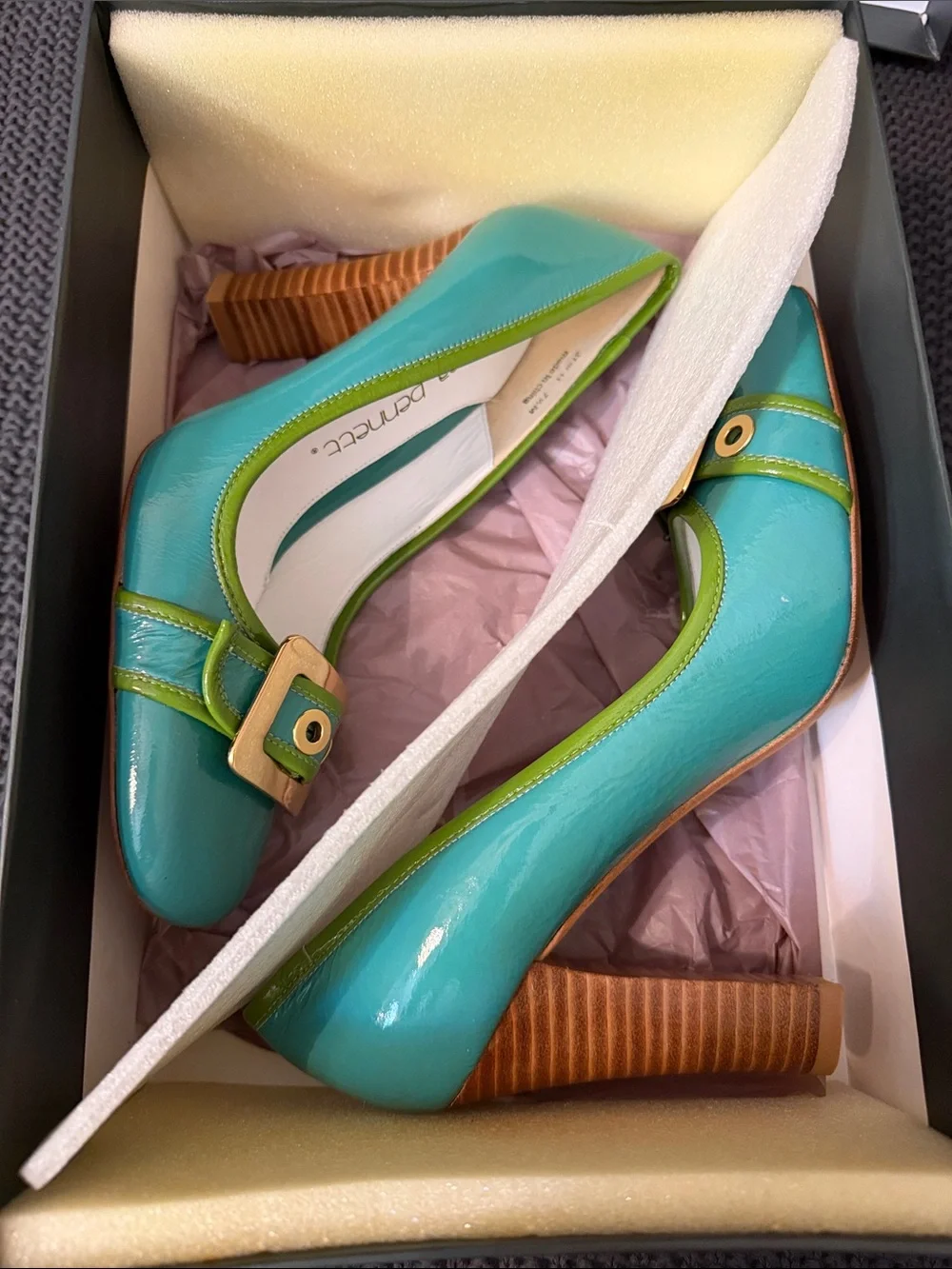 Jessica Bennett Turquoise and Lime Patent Leather Pumps